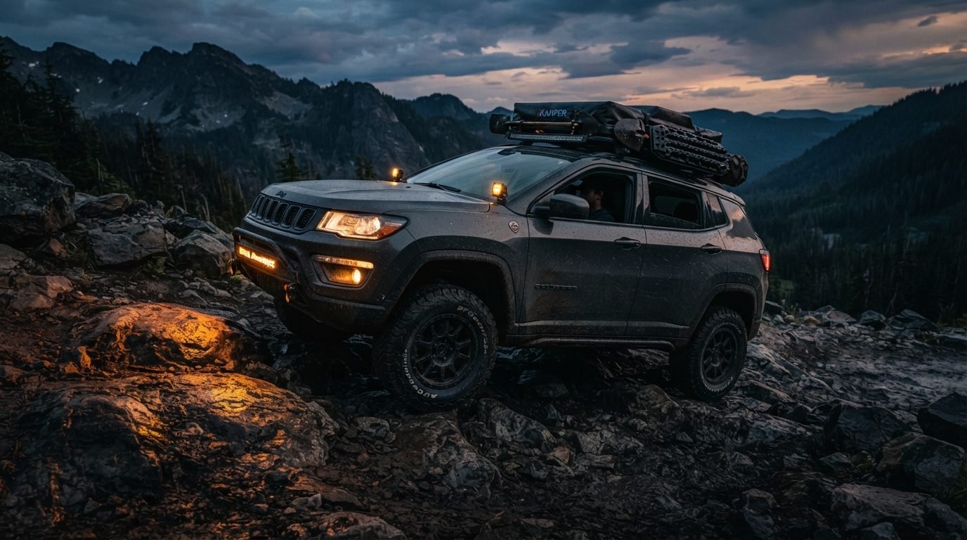 Customized dark grey Jeep Compass on an overland trail
